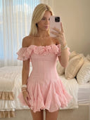 Chiffon A Line Off Shoulder Short Homecoming Dresses with Ruffles