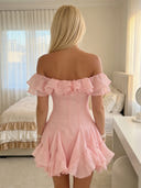 Chiffon A Line Off Shoulder Short Homecoming Dresses with Ruffles