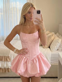 Satin A Line Strapless Sleeveless Short Homecoming Dresses