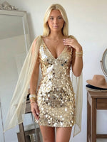 Sequin Mermaid V Neck Short Homecoming Dresses with Bow