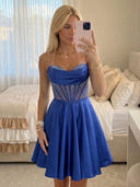 Satin A Line Strapless Short Homecoming Dresses with Sparkly Sequin