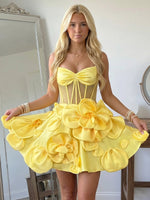 Satin A Line Strapless Short Homecoming Dresses with Flowers