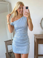 Glitter Sequin Mermaid One Shoulder Short Homecoming Dresses