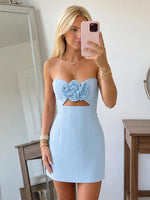 Satin Mermaid Strapless Short Homecoming Dresses with Flowers