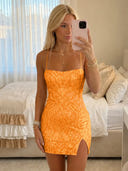 Sequin Mermaid Square Neck Spaghetti Straps Short Homecoming Dresses with Slit