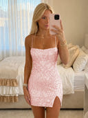 Sequin Mermaid Square Neck Spaghetti Straps Short Homecoming Dresses with Slit