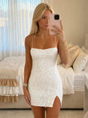 Sequin Mermaid Square Neck Spaghetti Straps Short Homecoming Dresses with Slit