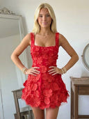 Satin A Line Square Neck Spaghetti Straps Short Homecoming Dresses with Flowers