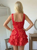 Satin A Line Square Neck Spaghetti Straps Short Homecoming Dresses with Flowers