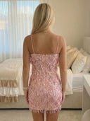 Sequin Sheath Square Neck Spaghetti Straps Short Homecoming Dresses
