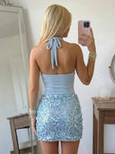 Sequin Sheath Halter Sleeveless Homecoming Dresses with Pleated