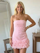 Satin Sheath Strapless Short Homecoming Dresses with Flowers