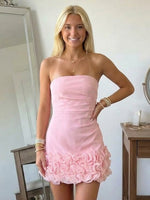 Satin Sheath Strapless Short Homecoming Dresses with Flowers