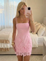 Lace Sheath Square Neck Spaghetti Straps Short Homecoming Dresses