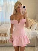 Satin A Line V Neck Off Shoulder Short Homecoming Dresses