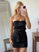 Jacquard Sheath Strapless Short Homecoming Dresses with Ruffles