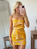 Jacquard Sheath Strapless Short Homecoming Dresses with Ruffles