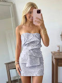 Jacquard Sheath Strapless Short Homecoming Dresses with Ruffles