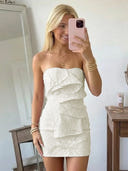 Jacquard Sheath Strapless Short Homecoming Dresses with Ruffles