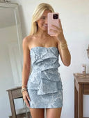 Jacquard Sheath Strapless Short Homecoming Dresses with Ruffles