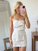 Jacquard Sheath Strapless Short Homecoming Dresses with Ruffles