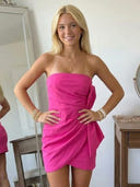 Satin Sheath Strapless Short Homecoming Dresses with Pleated