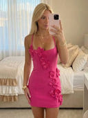 Satin Sheath Square Neck Spaghetti Straps Short Homecoming Dresses with Flowers