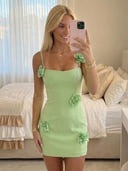 Satin Sheath Square Neck Spaghetti Straps Short Homecoming Dresses with 3D Flowers