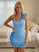 Satin Sheath One Shoulder Short Homecoming Dresses with Ruffles