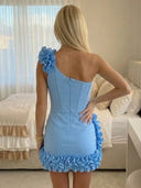 Satin Sheath One Shoulder Short Homecoming Dresses with Ruffles