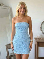 Lace Appliques Sheath Strapless Sleeveless Short Homecoming Dresses