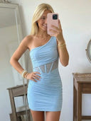 Tulle Sheath One Shoulder Short Homecoming Dresses with Corset