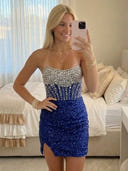 Sequin Sheath Strapless Short Homecoming Dresses with Slit