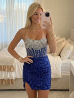 Sequin Sheath Strapless Short Homecoming Dresses with Slit