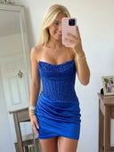 Satin Sheath Strapless Short Homecoming Dresses with Pleated