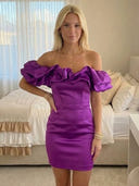 Satin Sheath Off Shoulder Short Homecoming Dresses