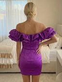 Satin Sheath Off Shoulder Short Homecoming Dresses