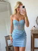 Satin Sheath Strapless Short Homecoming Dresses with Lace Appliques