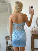 Satin Sheath Strapless Short Homecoming Dresses with Lace Appliques