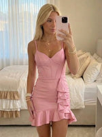 Satin Mermaid V Neck Spaghetti Straps Short Homecoming Dresses