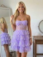 Tiered Tulle A Line Strapless Short Homecoming Dresses with Corset