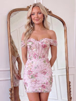 Sequin Flower Off Shoulder Mermaid Ruched Mini Homecoming Dresses