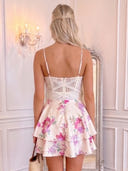 Floral Print Satin V Neck Tiered Ruffled A Line Mini Homecoming Dresses