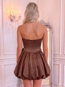 Strapless A Line Ruched Satin Mini Homecoming Dresses with Bow