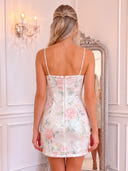 Floral Sequin Twist V Neck Pearl Spaghetti Strap Mini Homecoming Dresses
