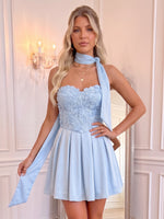 Strapless Satin A Line Flower Mini Homecoming Dresses with Scarf