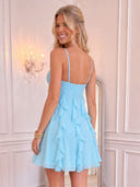 Spaghetti Straps A Line Ruffled Chiffon Mini Homecoming Dresses with Bow