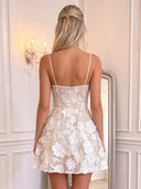 Spaghetti Strap V‑Neck A Line Mini Homecoming Dress 3D White Floral Lace Appliques