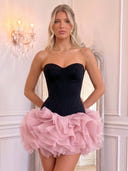 Strapless Corset Black Bodice Pink Ruffled Tulle Mini Homecoming Dress Sweetheart