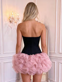 Strapless Corset Black Bodice Pink Ruffled Tulle Mini Homecoming Dress Sweetheart